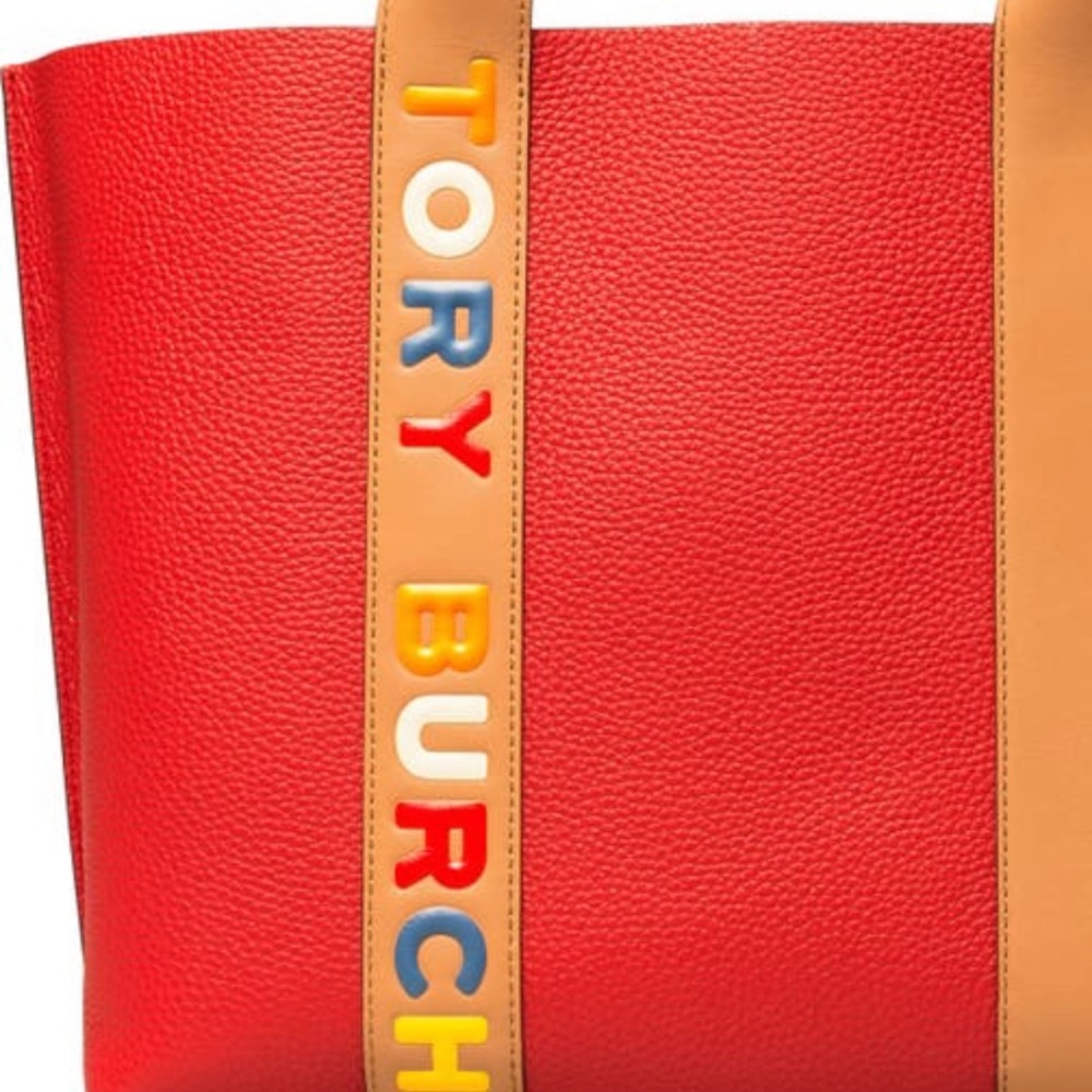 Authentic TORY BURCH LOGO stripe Leather Tote - Picture 15 of 16